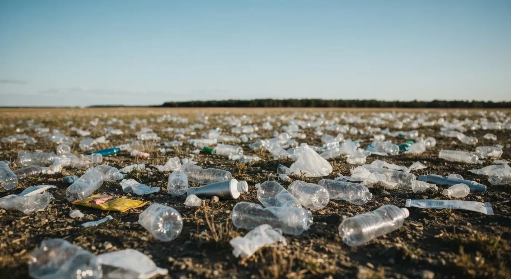 O fotografie cu un peisaj poluat cu deșeuri de plastic și ambalaje de unică folosință.