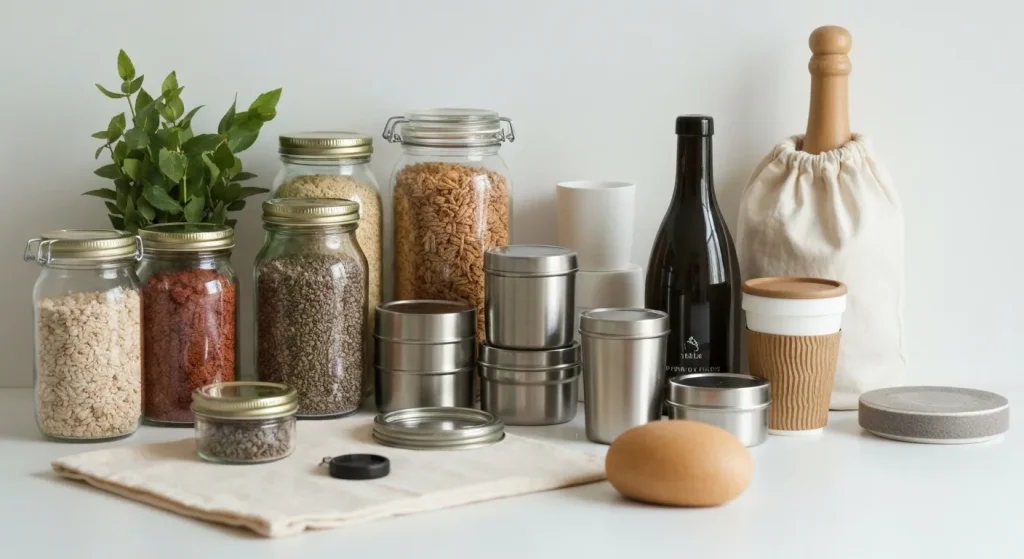 O colecție de recipiente reutilizabile din sticlă, oțel inoxidabil și pânză, alături de fructe proaspete și legume.