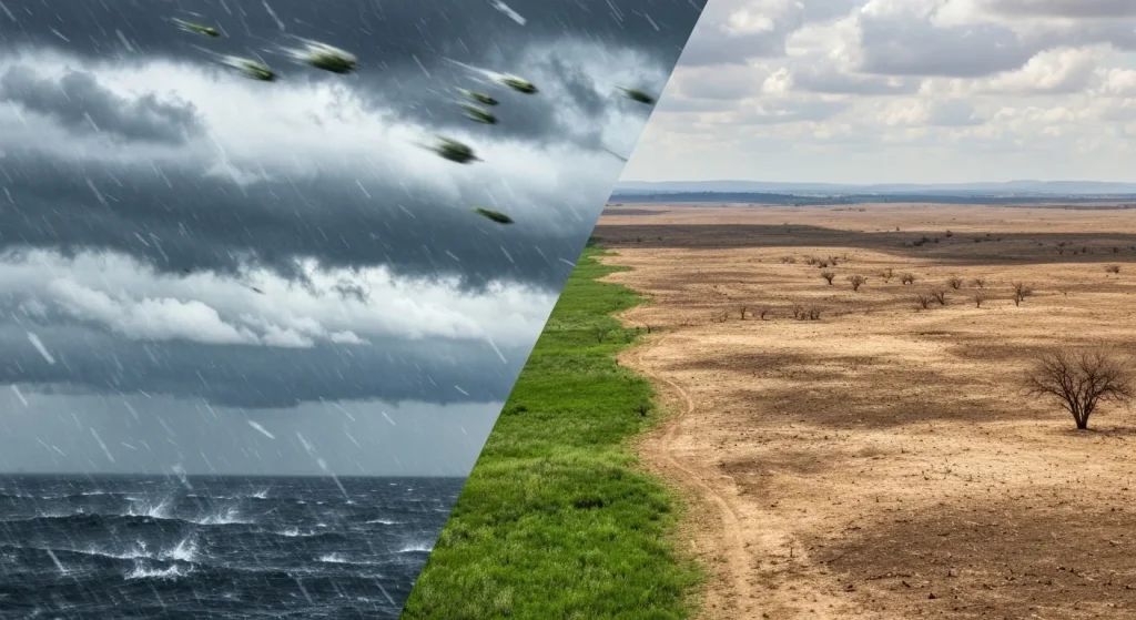 Imagine comparativă ilustrând diferența dintre vremea imediată (furtună, ploaie) și condițiile climatice pe termen lung (peisaj arid vs.