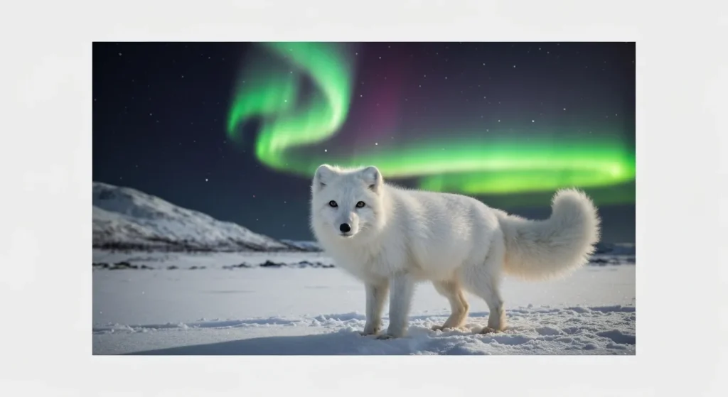 O vulpe arctică albă, cu blană deasă, stă într-un peisaj arctic acoperit de zăpadă, sub aurora boreală.