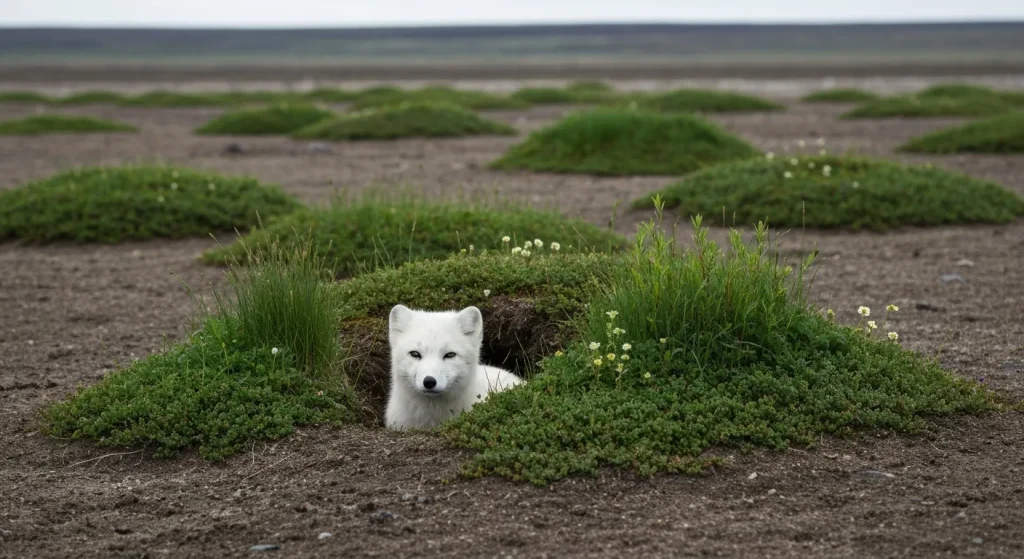 O vizuină de vulpe arctică înconjurată de vegetație abundentă, contrastând cu tundra aridă din jur.