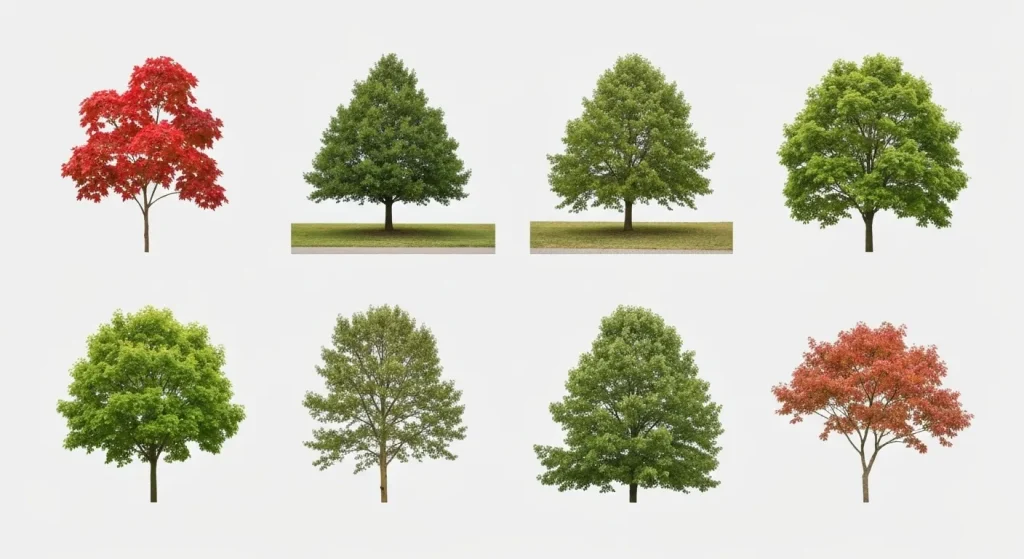 Zece specii comune de arbori nativi din Statele Unite, inclusiv arțar roșu, pin loblolly, liquidambar, brad Douglas, plop tremurător, arțar de zahăr, brad balsamic, corn înflorit, pin lodgepole și stejar alb.