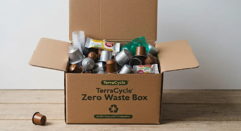 Cutie de carton TerraCycle Zero Waste pentru reciclarea deșeurilor greu de reciclat, gata de expediere.