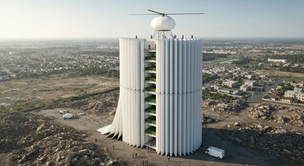 Un turn extensibil de ajutor în caz de dezastru, asemănător unei lămpi gigantice de hârtie, se desfășoară într-o zonă afectată.