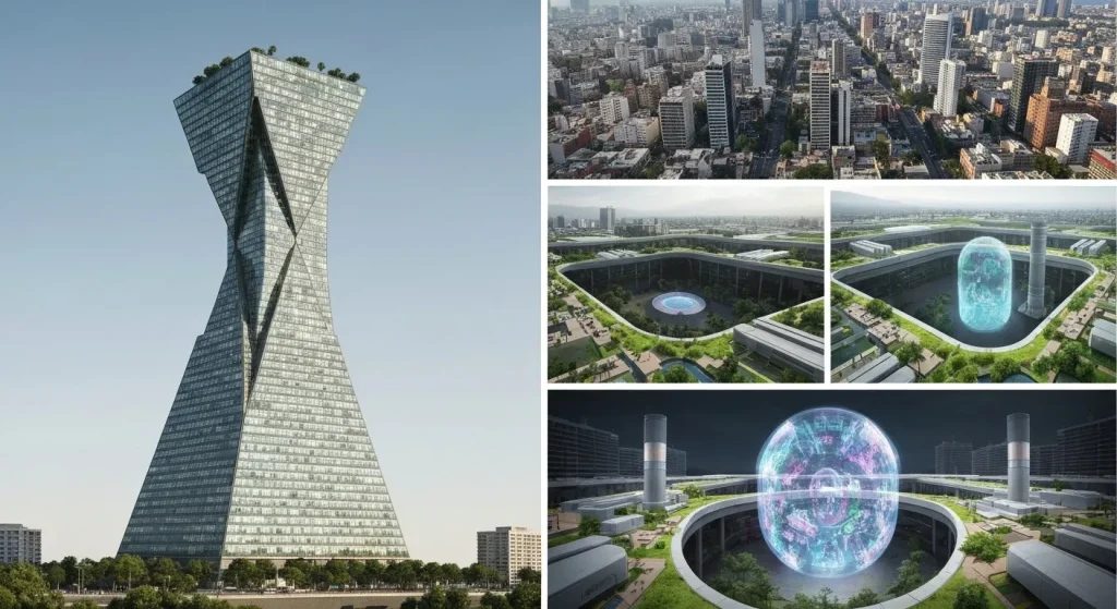 O piramidă inversată imensă în centrul unui oraș aglomerat, alături de imagini ale unui oraș subteran futurist cu sisteme de răcire evaporativă.